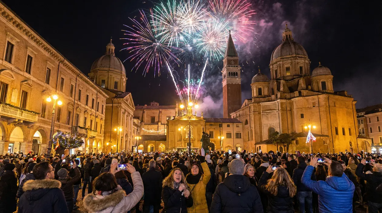 Folla in piazza festeggia Capodanno con fuochi d'artificio sopra edifici storici in Italia.