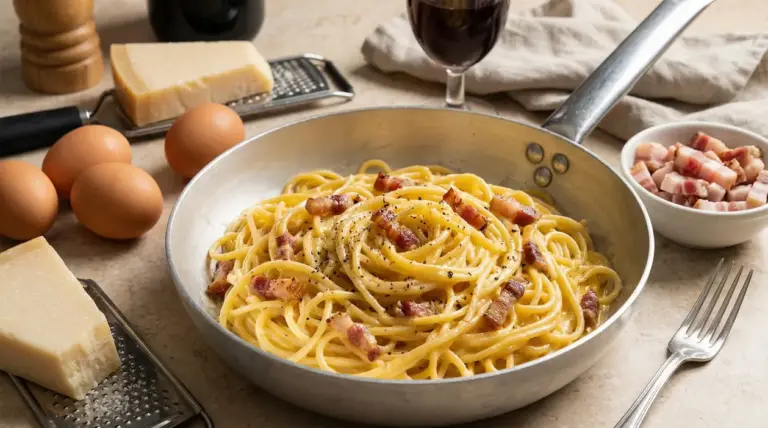 Spaghetti alla carbonara cremosi con guanciale in padella, circondati da ingredienti freschi