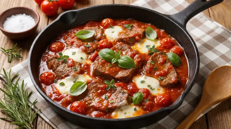 Carne alla pizzaiola in padella con pomodori, mozzarella e foglie di basilico fresco