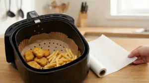 Carta da forno in una friggitrice ad aria con crocchette e patatine