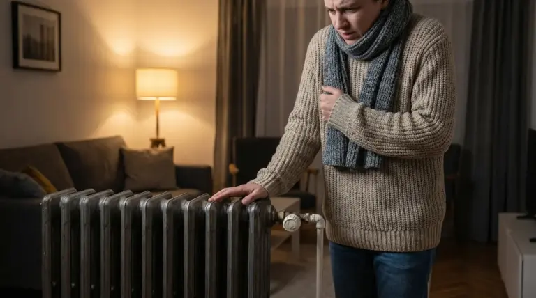 Persona con sciarpa controlla un termosifone in soggiorno perché la casa è fredda nonostante il riscaldamento acceso