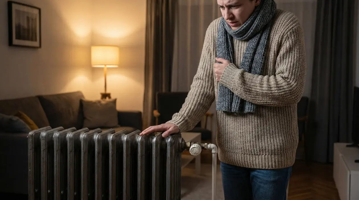 Persona con sciarpa controlla un termosifone in soggiorno perché la casa è fredda nonostante il riscaldamento acceso