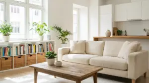 Soggiorno luminoso e ordinato con divano chiaro, libreria con ceste, tavolo in legno e piante da interno