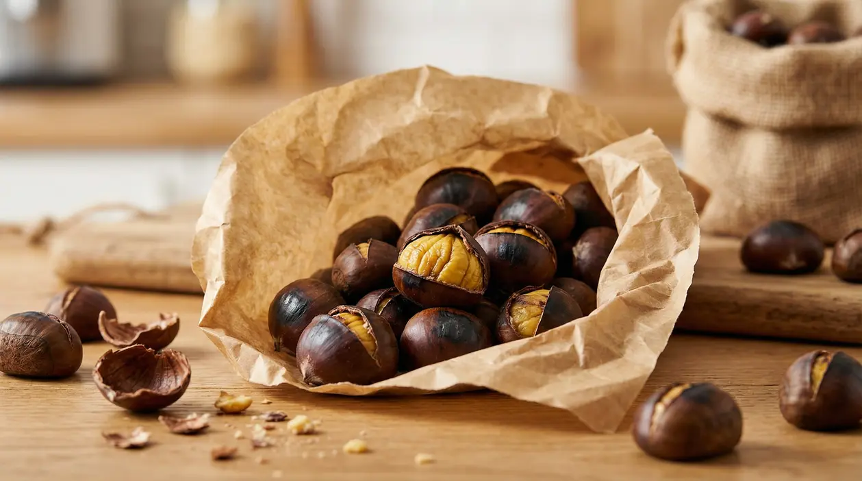 Castagne cotte al cartoccio disposte in un sacchetto di carta su un tavolo in legno