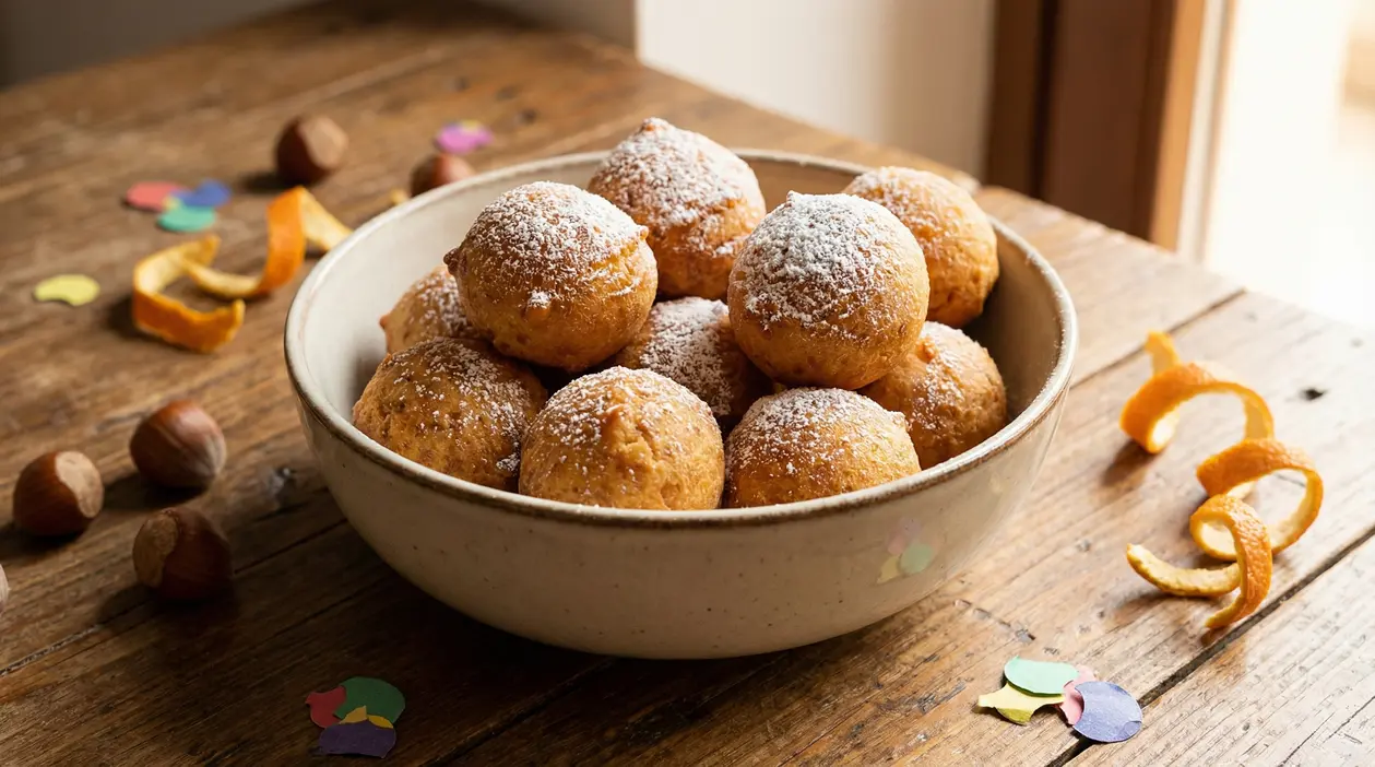 Ciotola di castagnole al forno spolverate di zucchero a velo su un tavolo rustico