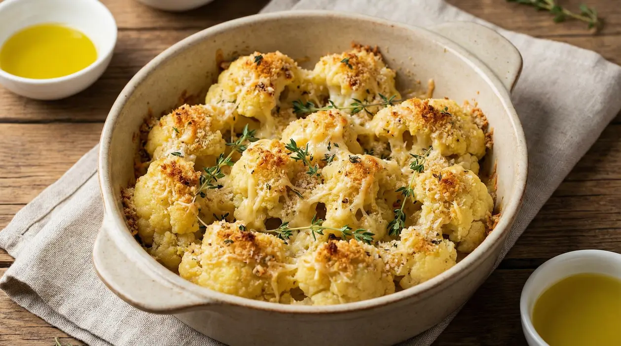 Cavolfiore gratinato al forno con formaggio e pangrattato in una pirofila