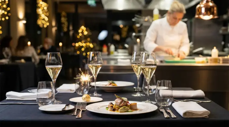 Tavolo elegante con piatti gourmet e calici di vino in un ristorante decorato per Capodanno