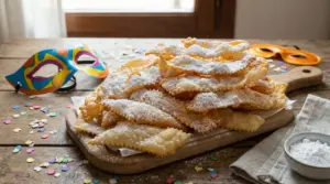 Chiacchiere di carnevale croccanti con zucchero a velo su un tagliere di legno
