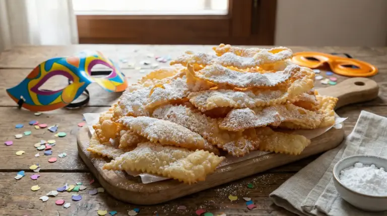Chiacchiere di carnevale croccanti con zucchero a velo su un tagliere di legno