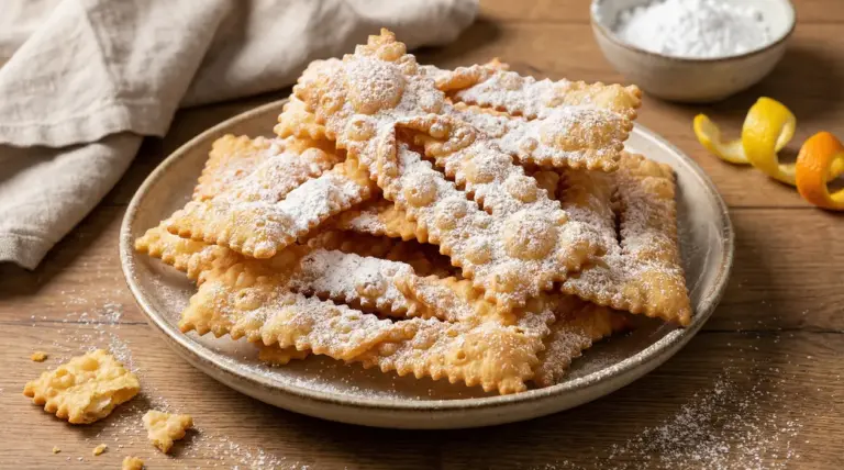 Chiacchiere fritte spolverate di zucchero a velo su un piatto di ceramica