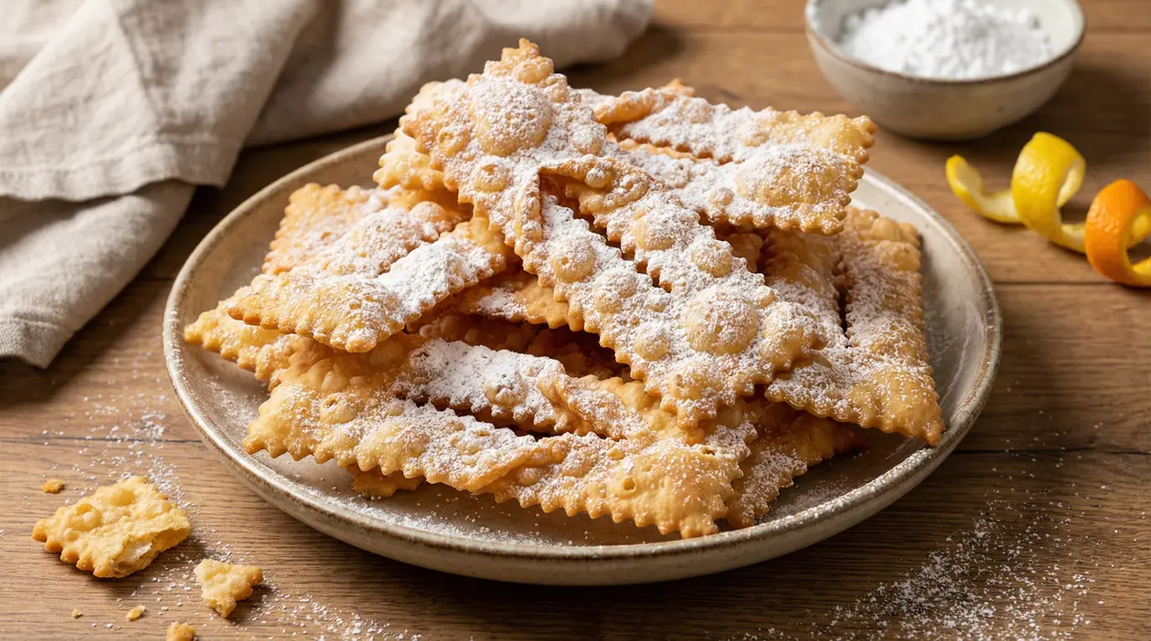 Chiacchiere fritte spolverate di zucchero a velo su un piatto di ceramica