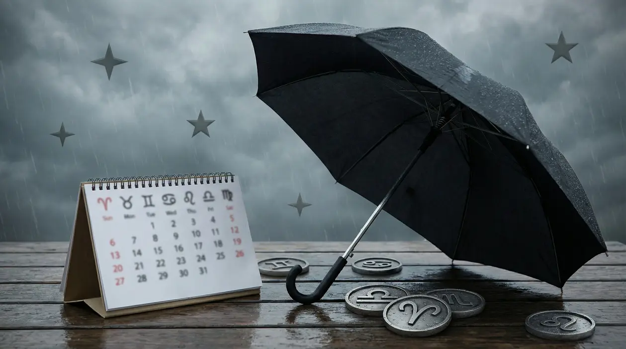 Ombrello nero sotto la pioggia con calendario zodiacale e simboli astrologici su un tavolo di legno
