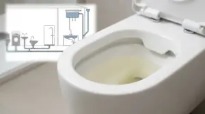 Primo piano di un WC con acqua leggermente giallastra, con schema degli impianti idraulici sullo sfondo