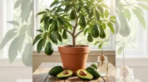 Albero di avocado in vaso con frutti in casa, accanto a un seme germogliato in barattolo d’acqua