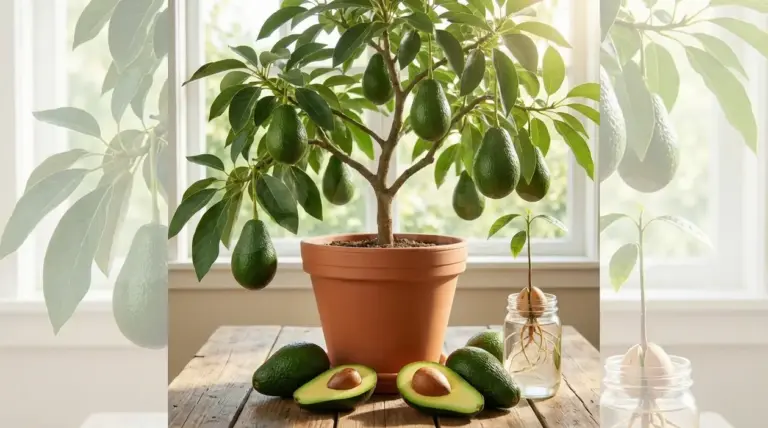 Albero di avocado in vaso con frutti in casa, accanto a un seme germogliato in barattolo d’acqua
