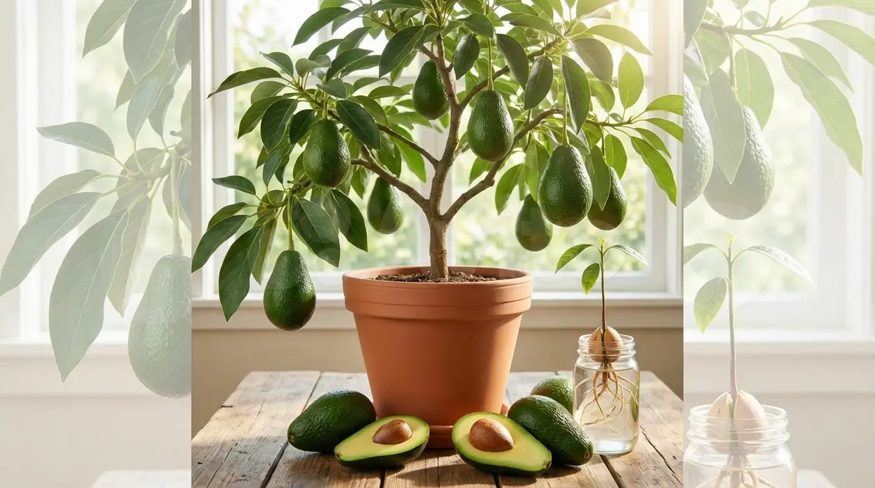 Albero di avocado in vaso con frutti in casa, accanto a un seme germogliato in barattolo d’acqua