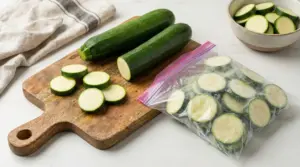 Zucchine fresche affettate su tagliere e confezione di zucchine congelate in sacchetto