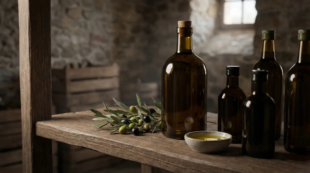 Bottiglie di vetro scuro con olio extravergine di oliva su un tavolo rustico