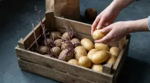 Mani che selezionano patate in una cassetta di legno con alcune già germogliate