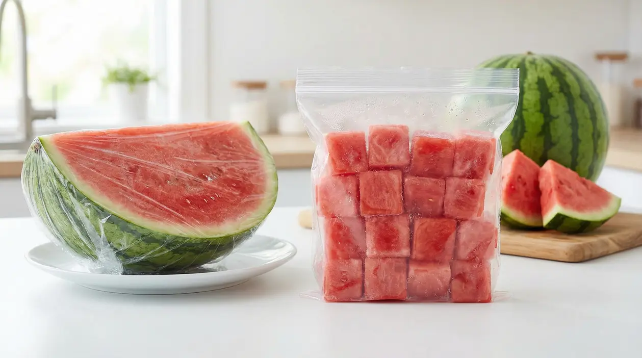 Anguria intera, a fette e a cubetti congelati in un sacchetto trasparente su un tavolo in cucina