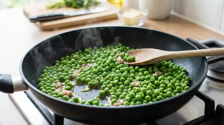 Piselli surgelati in padella con condimento e cucchiaio di legno