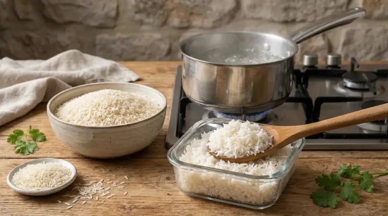 Ciotole con riso basmati crudo e cotto accanto a una pentola sul fornello