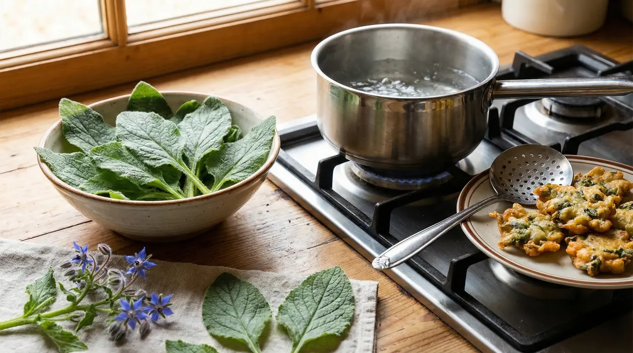 Foglie di borragine fresche, frittelle cotte e una pentola sul fornello in cucina