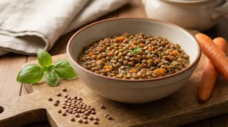 Zuppa di lenticchie con carote servita in una ciotola su un tagliere di legno