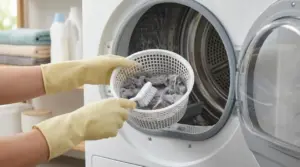 Persona pulisce il filtro dell’asciugatrice con spazzola per eliminare lanugine e cattivi odori