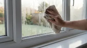 Mano che asciuga la condensa da una finestra al mattino con un panno per prevenire muffa e cattivi odori