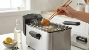 Friggitrice in cucina con cibo fritto e ingredienti naturali utili contro la puzza di frittura in casa