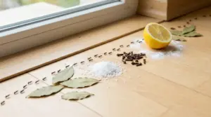 Formiche sul pavimento vicino a una finestra con limone, alloro, sale e chiodi di garofano come rimedi naturali