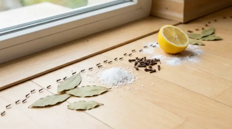 Formiche sul pavimento vicino a una finestra con limone, alloro, sale e chiodi di garofano come rimedi naturali
