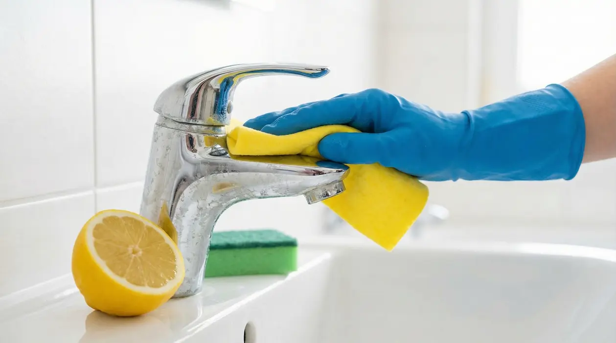 Mano con guanto blu pulisce un rubinetto con panno giallo, accanto a un limone contro il calcare