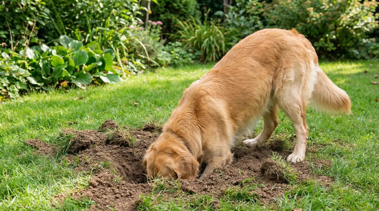 Cane che scava una buca nel prato di un giardino verde