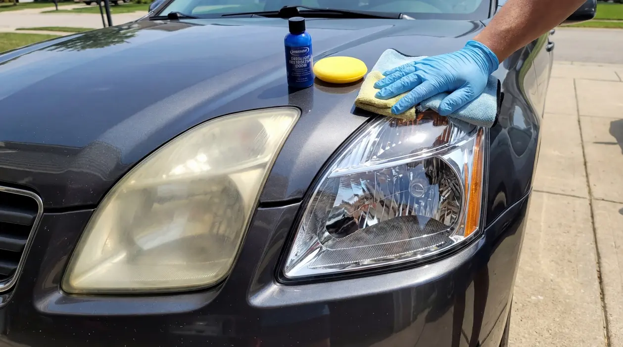 Pulizia dei fari auto: confronto tra faro opaco e faro lucidato durante il restauro