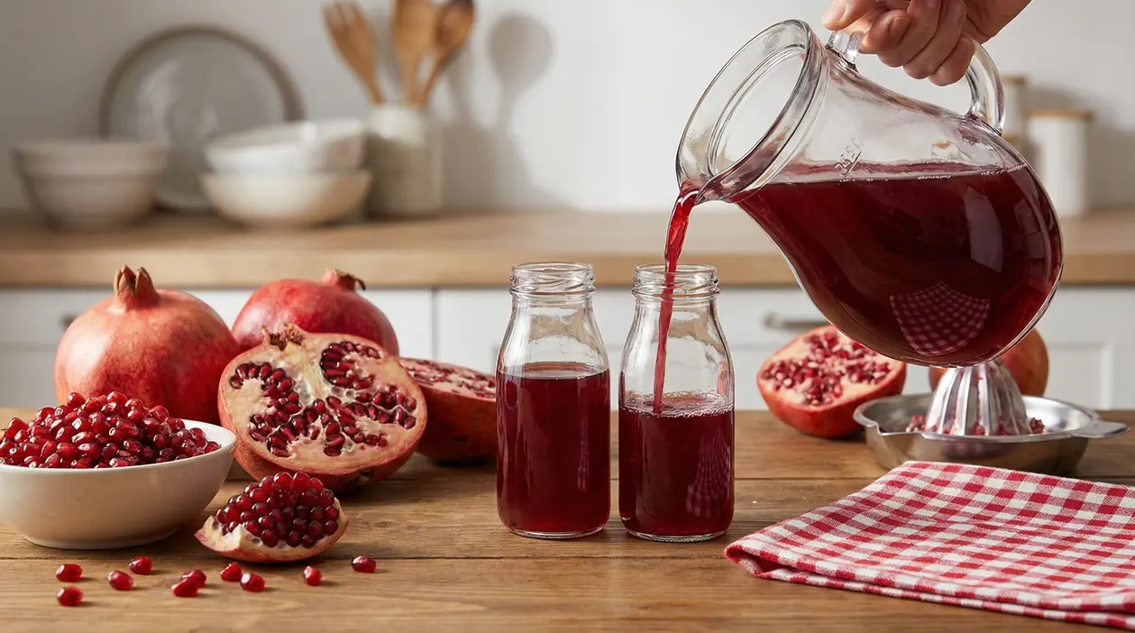 Succo di melograno versato in bottiglie di vetro con melograni freschi sul tavolo