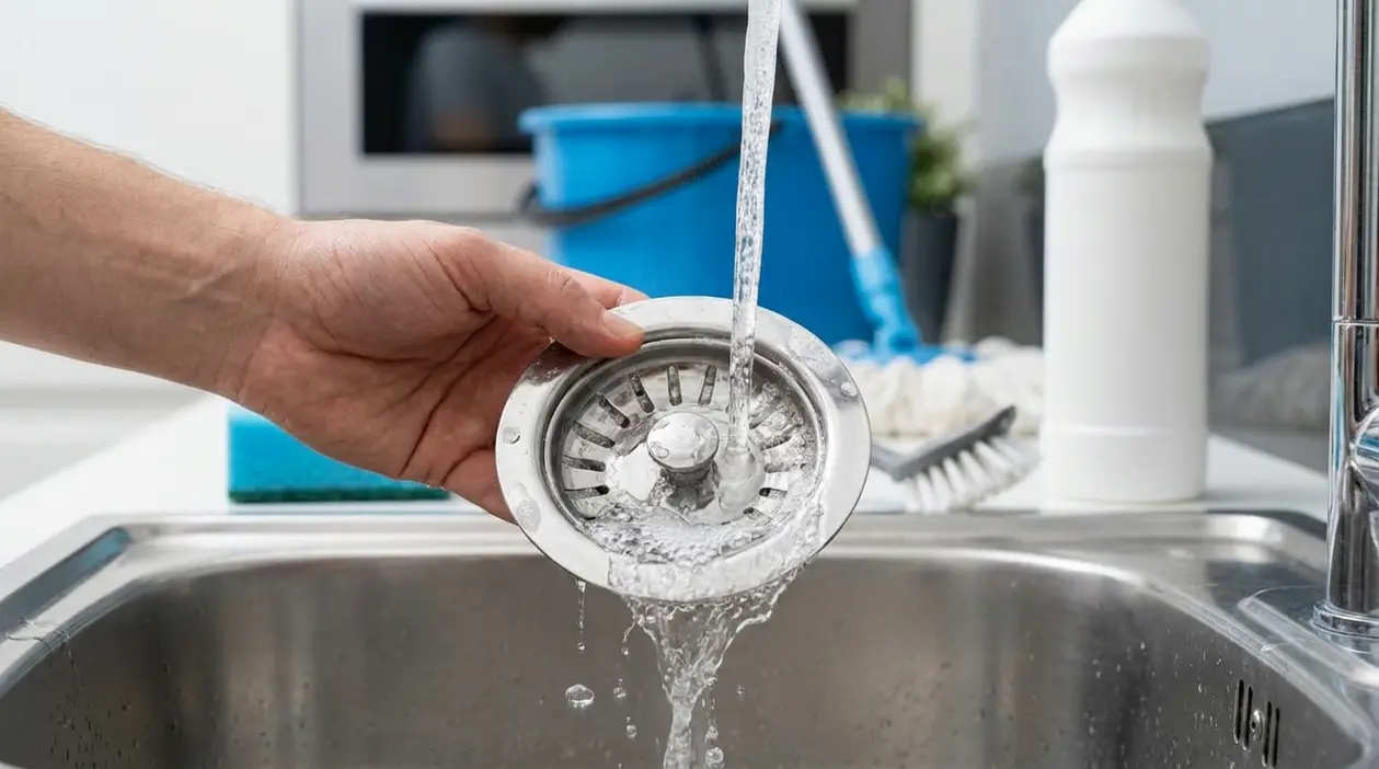 Una mano lava sotto l’acqua corrente il tappo del lavello in acciaio nel lavandino della cucina