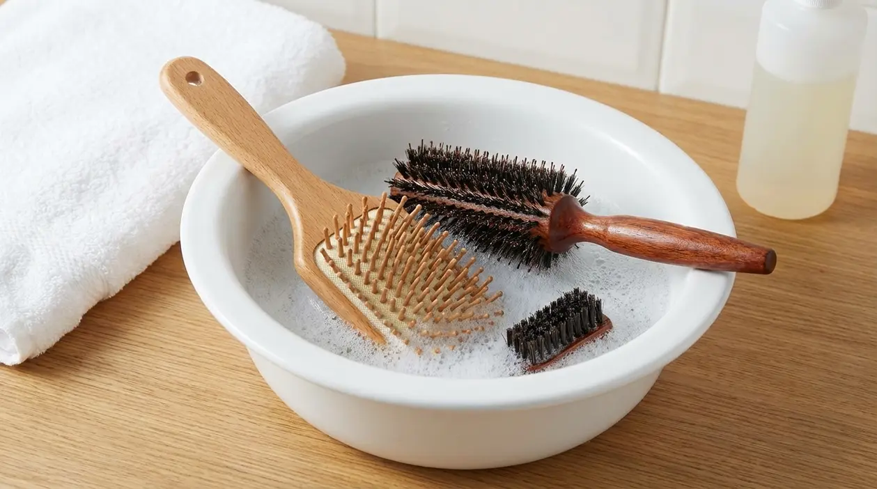 Spazzole per capelli immerse in acqua saponata in una bacinella per la pulizia domestica