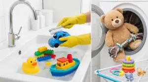 Giocattoli lavati a mano nel lavandino e peluche in lavatrice per una corretta pulizia estiva