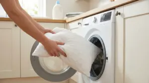 Persona inserisce un cuscino bianco in lavatrice per eliminare acari e allergeni