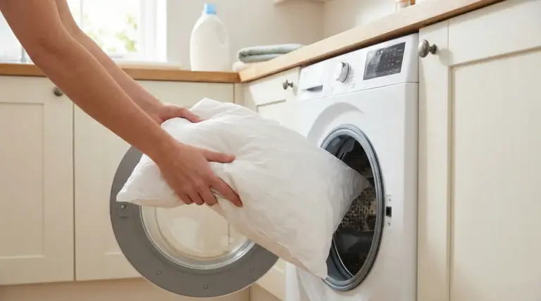 Persona inserisce un cuscino bianco in lavatrice per eliminare acari e allergeni