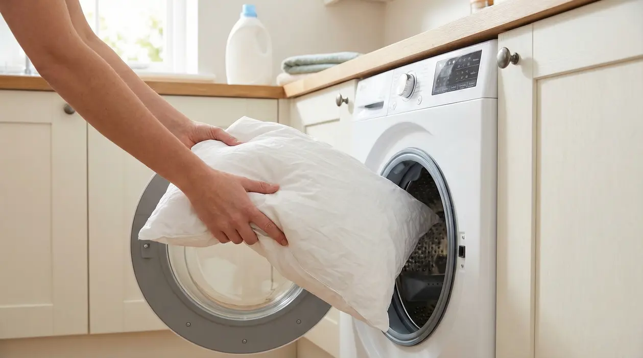 Persona inserisce un cuscino bianco in lavatrice per eliminare acari e allergeni