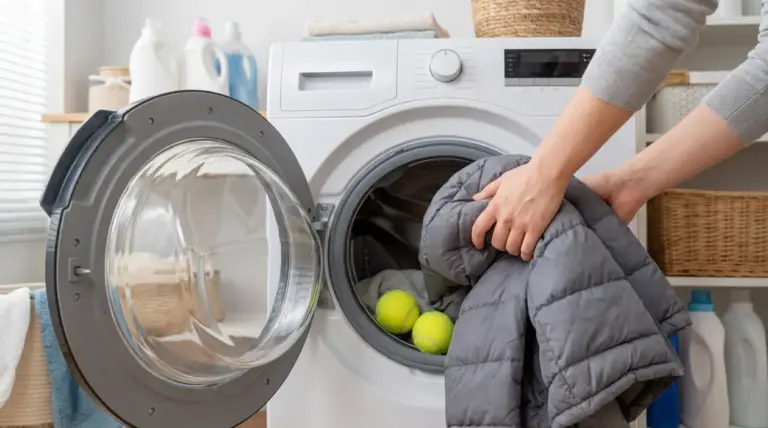 Persona inserisce un piumino grigio in lavatrice con palline da tennis per il lavaggio