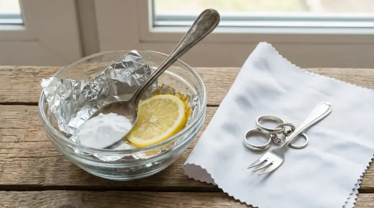 Ciotola con limone, bicarbonato e alluminio accanto ad argenteria e panno per pulire l’argento annerito