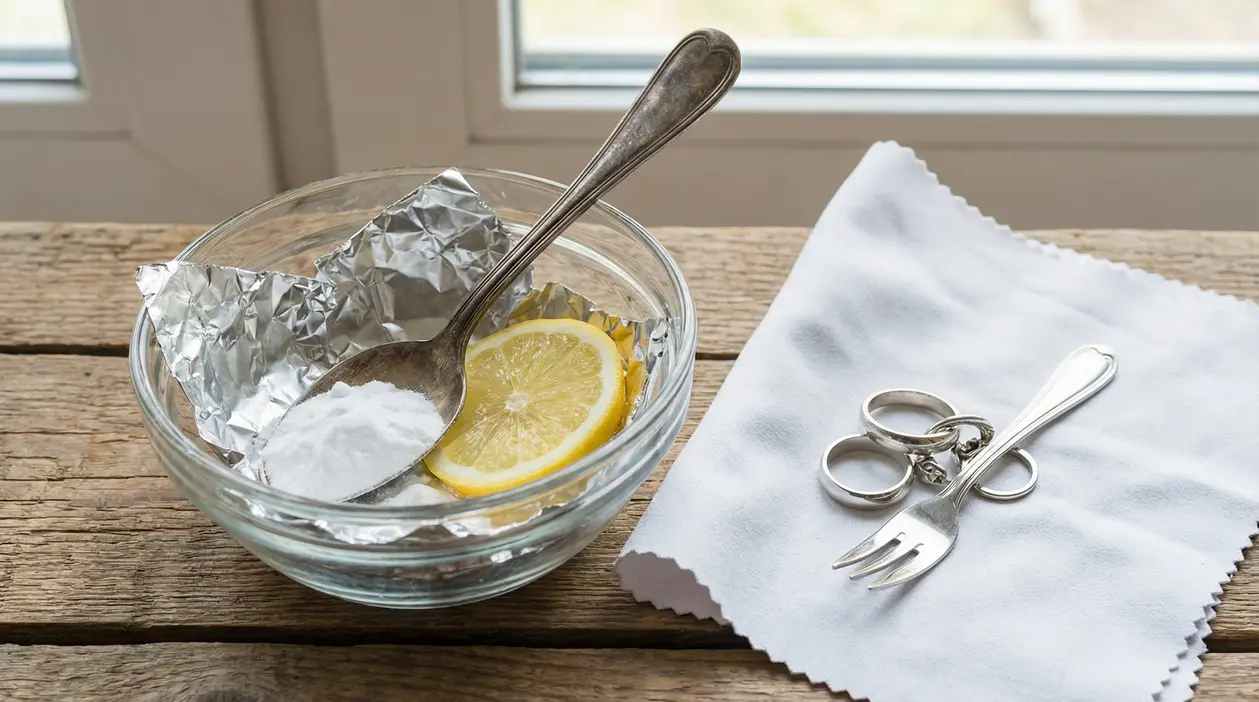Ciotola con limone, bicarbonato e alluminio accanto ad argenteria e panno per pulire l’argento annerito