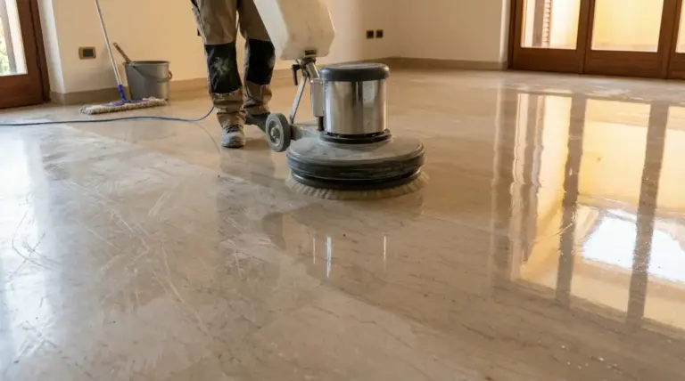 Persona che lucida un pavimento in marmo graffiato con una lucidatrice in una stanza vuota