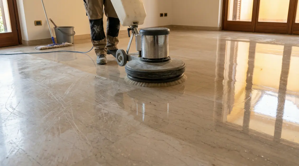 Persona che lucida un pavimento in marmo graffiato con una lucidatrice in una stanza vuota