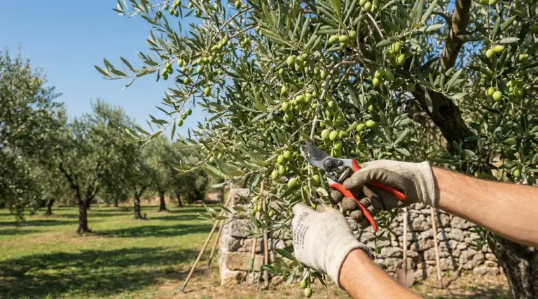 Mani con guanti potano un ramo di ulivo carico di olive verdi in un uliveto