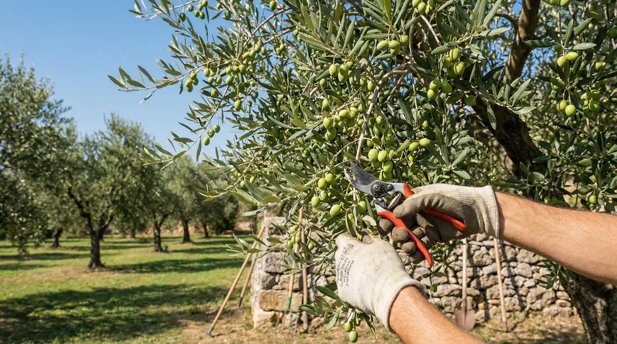 Mani con guanti potano un ramo di ulivo carico di olive verdi in un uliveto